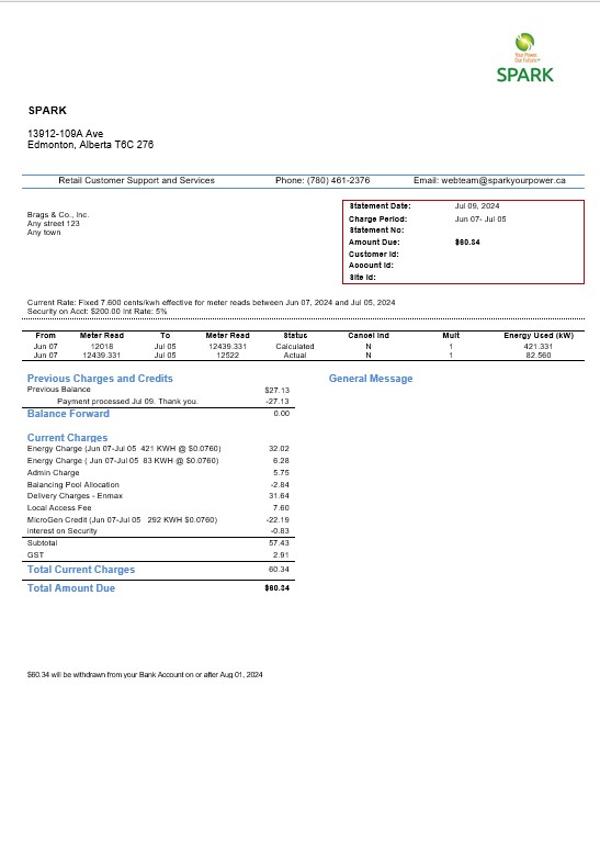 Canada Alberta Spark business utility bill template in Word and pdf formats